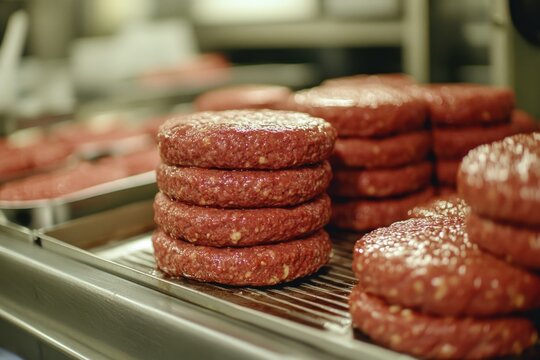 Freshly made beef patties on a commercial kitchen assembly line, ready for grilling or frying.