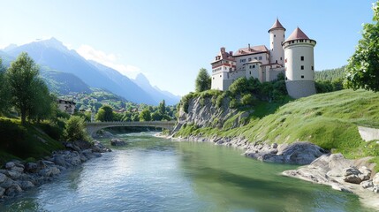 Scenic river view with a castle and mountains in the background.