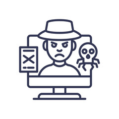 Hacker with malicious intent on computer screen, virus symbol.