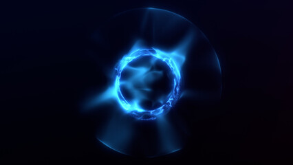 Obraz premium Abstract minimalistic glowing energy sphere. Navy blue orb on dark cosmic background. Flowing fractal plasma core screensaver. Digital sci fi magical circle. 