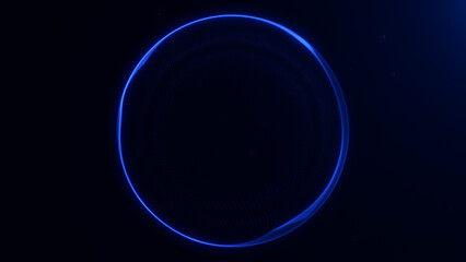 Blue fluid particle shiny sphere. Abstract magical energy orb with plasma field. Striped minimalist circle for business, virtual reality digital sci fi ring. 