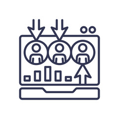 Illustration of data analysis with people icons and arrows on a screen, symbolizing performance tracking.
