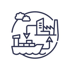 Factory and ship symbolize production and export processes.