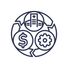 Cycle with hospital, dollar, and gear icons symbolizes Revenue Cycle Management.