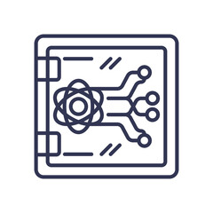 A digital safe with a circuit and atom symbol, representing secure investment in technology.