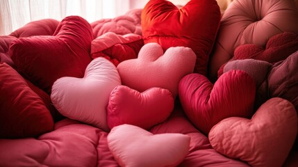 A bed covered with red and pink heart-shaped cushions, perfect for a cozy Valentine's Day setting.