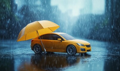 Car under umbrella symbolizing insurance protection in rain