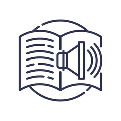 An open book with a speaker icon symbolizes audio books and spoken descriptions.