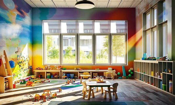 Bright and colorful children's playroom filled with toys, natural light streaming through large windows, creating a cheerful atmosphere