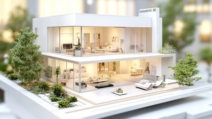 Modern Architectural Design: A Luxurious Two-Story Home Model with Open Floor Plan and Landscaped Terrace