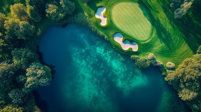 Aerial view of a golf course with lush greens and a pond, golf course advertising photograph, golf tournament advertisement image