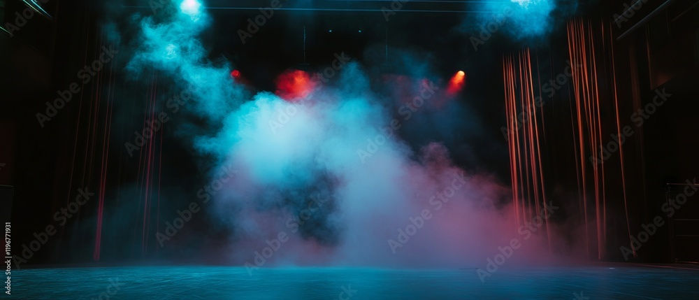 Poster Fog and colored lights create a mysterious atmosphere on stage in an empty theater