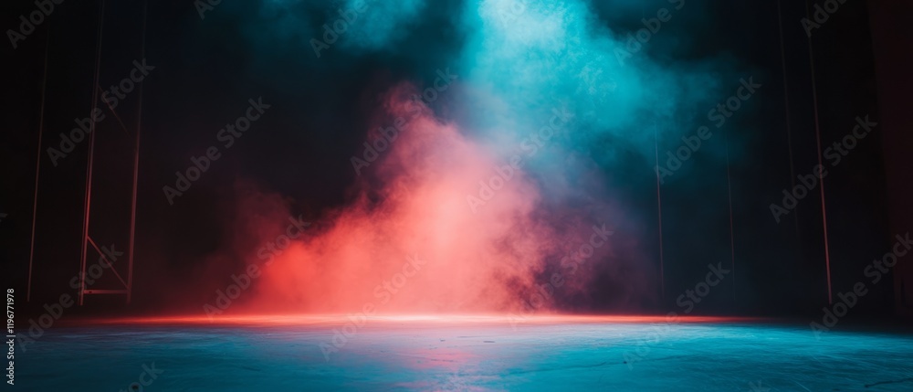 Poster Dramatic stage with fog and colored lights creating an atmosphere of mystery during a performance
