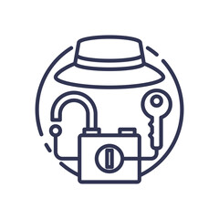 Illustration of a hat, lock, and key symbolizing access and security.