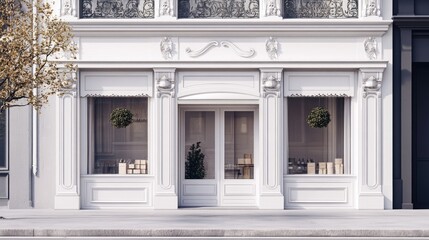 White building with a window display and a potted plant. The building is empty and the window display is not in use