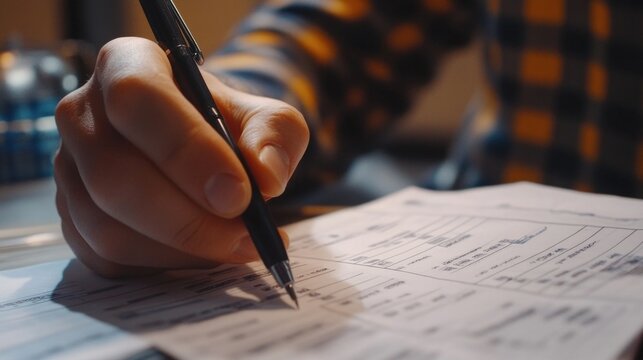 A person's hand writing on a piece of paper, possibly filling out a form or working at an office desk.