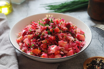 A bowl with Vinegret salad, a typical Russian dish	