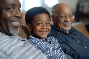 This is a heartwarming scene of three generations of a family sharing a joyful moment together on the couch at home.