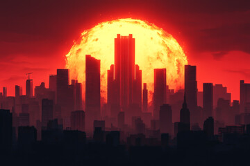 Naklejka premium Stunning skyline at sunset with a vivid orange sun illuminating towering skyscrapers.