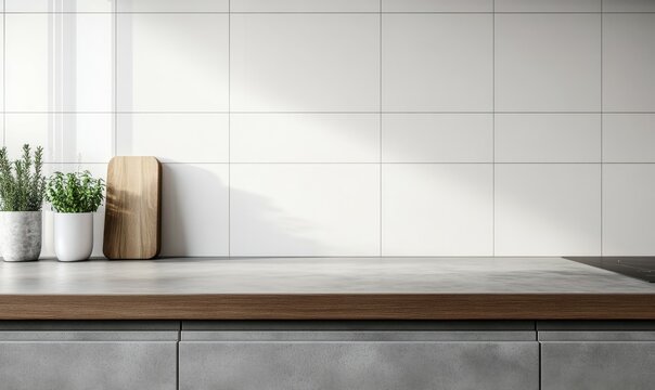 close up blank empty space countertop in modern grey build in kitchen cabinet set for household products display with white ceramic wall tiles in background.