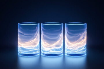 Three illuminated glasses showcasing abstract light patterns in a dark setting.