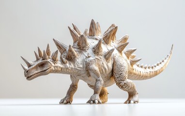 Fototapeta premium A Stegosaurus with detailed plates and tail spikes, standing calmly on a minimalistic white surface