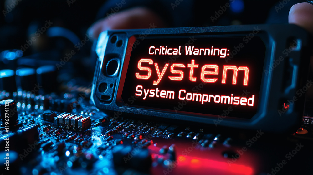 Poster system warning: red alert message flashing on a screen, a close-up of a device displaying the words 