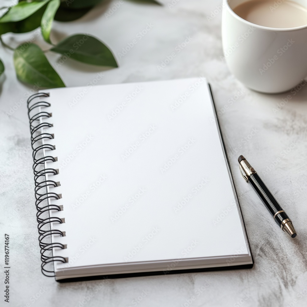 Aufkleber blank spiral notebook on a marble surface with a cup of coffee and greenery nearby ready for notes a