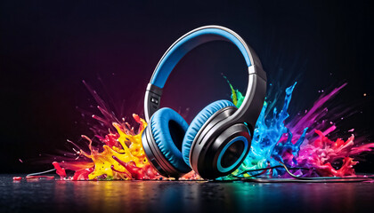 A swirling colorful smoke backdrop with headphones