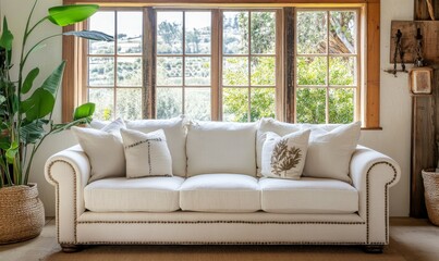 Close up of white sofas against window. Farmhouse country boho interior design of modern living room, home.