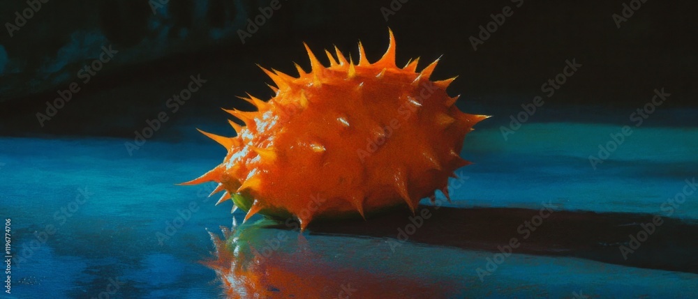 Poster ripe horned melon kiwano displays its vibrant color and unique texture on a reflective surface