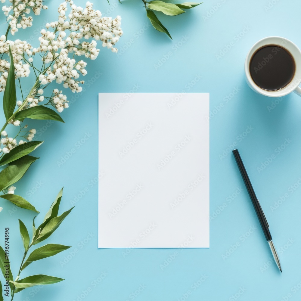 Poster creative workspace with blank paper, coffee, and greenery for artistic inspiration and note taking a
