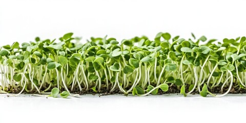 Fototapeta premium Row of green sprouts are growing on a white background. The sprouts are small and appear to be in the process of growing. Concept of growth and new beginnings