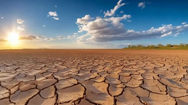 A vast, cracked expanse of parched earth stretches towards a horizon dotted with sparse vegetation