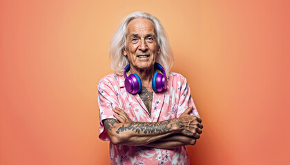 Obraz premium Flamboyant Elderly Man with Vibrant Style and Purple Headphones
