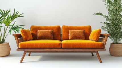 Fototapeta premium Mid-Century Modern Orange Velvet Sofa with Wooden Frame in Minimalist Interior