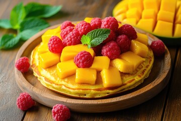 Delicious fruit topped pancakes on a wooden platter with raspberries and mango slices.