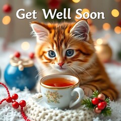 Cute kitten with tea, get well soon message.