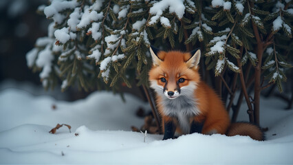 Obraz premium Curious Red Fox Kit in Snowy Pine Forest