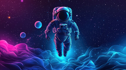 Obraz premium Astronaut floating in space with neon blue and pink waves