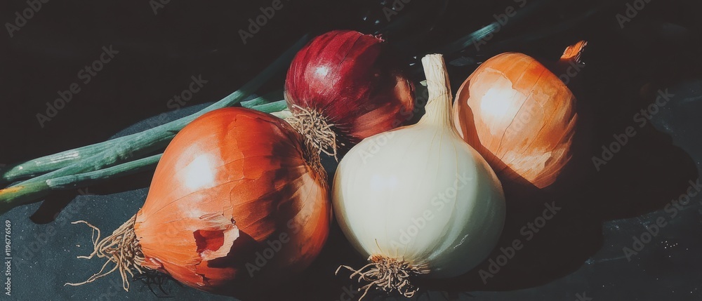 Poster discovering the beauty of different onions showcasing their vibrant colors and distinct shapes in a 