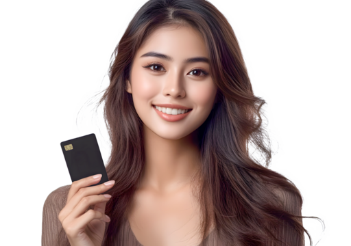 Asian woman holding a credit card and smiling proudly