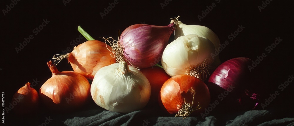 Poster Exploring the shapes and colors of various onions in a still life arrangement
