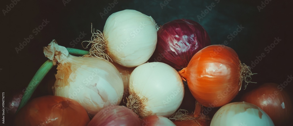 Poster varied shapes and colors of onions create an aromatic still life display in natural lighting