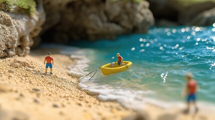 Obraz premium Miniature Beach Scene with Kayak and Figures