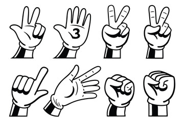 Cartoon hands, various gestures, black and white illustration, hand signals, emoji-like expressions, simplified drawings, vector style, clean lines, hand poses, sign language, communication symbols, i