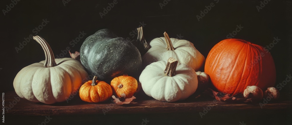 Aufkleber Winter squash still life displaying diverse shapes and colors on a rustic table