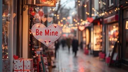 Obraz premium A festive Be Mine banner with vintage-style lettering and hearts hanging across a street lined with shops decorated for Valentine's Day.