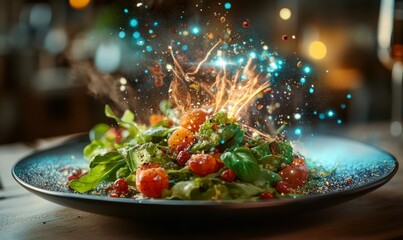 beautifully presented salad with holographic recipes appearing above it, creating magical dining experience. warm ambiance enhances inviting atmosphere