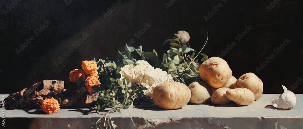 Poster varied shapes and colors of potatoes displayed on a rustic surface with floral accents